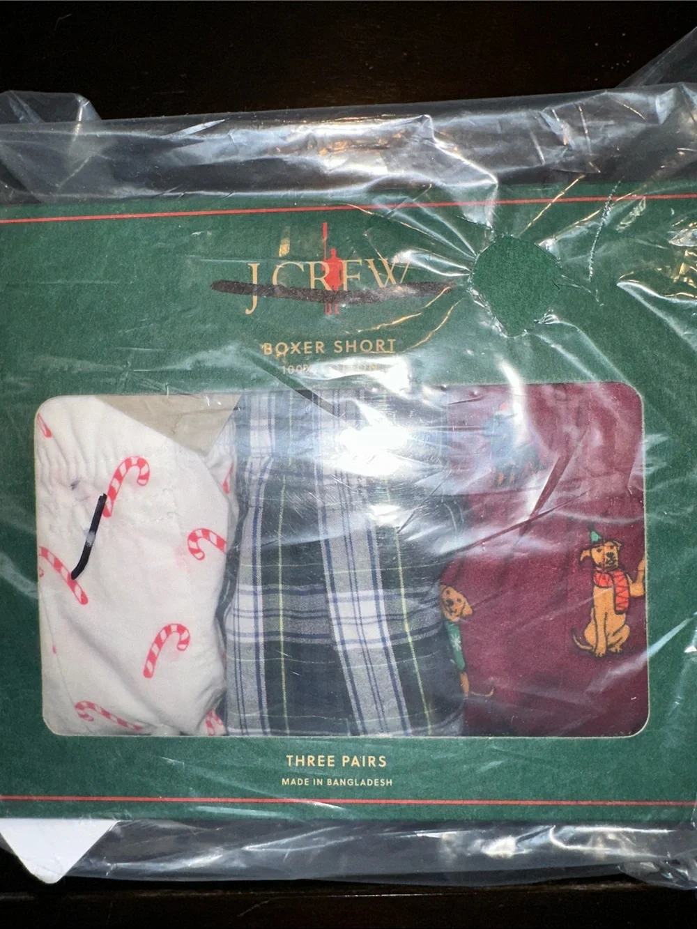 J. Crew Men's Woven Boxer Shorts 3-Pack — candy canes and Santa dogs